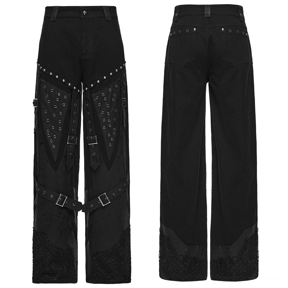 Black gothic pants pair flat lay displaying perforated panels and silver stud trim details