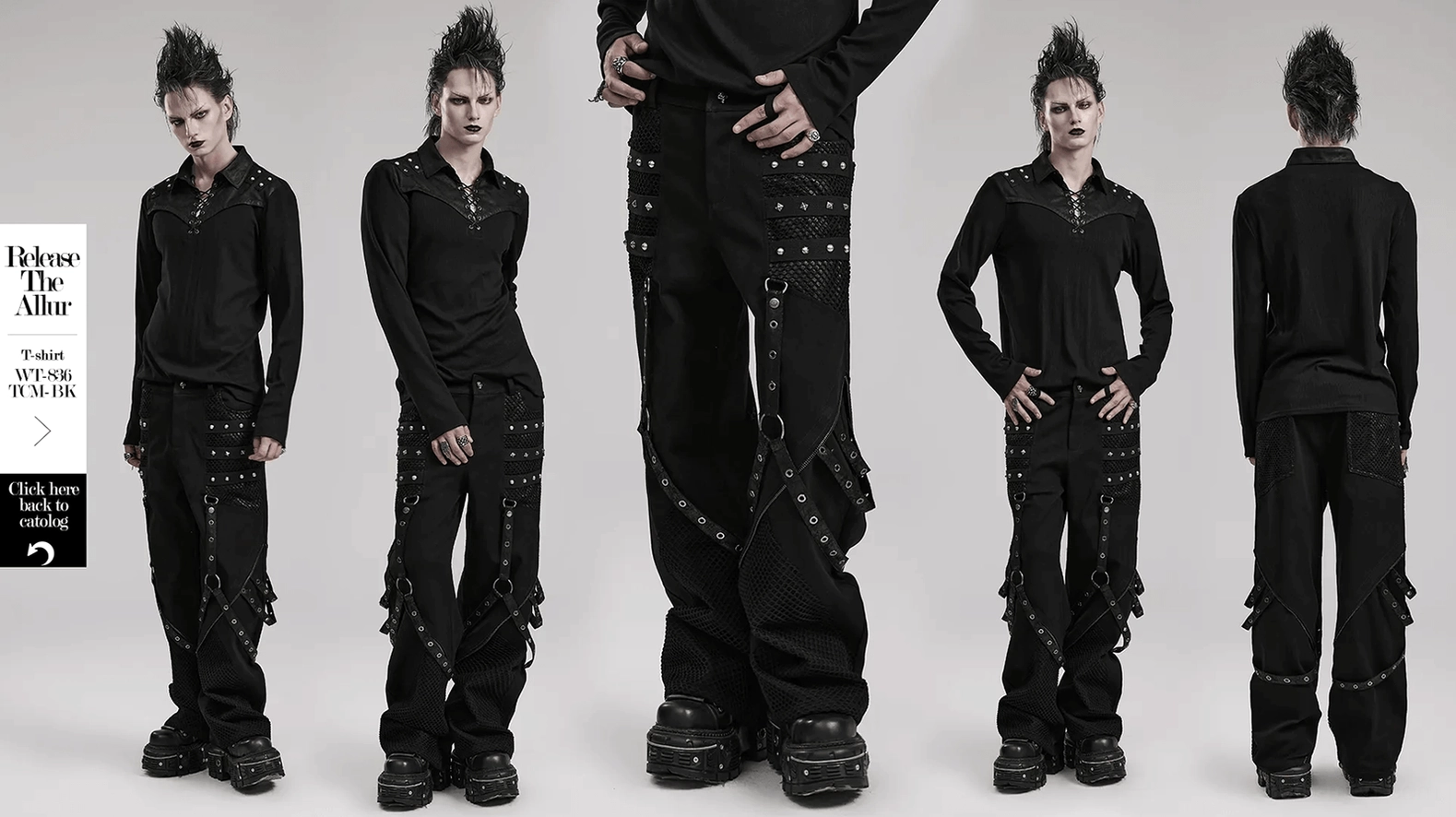Studio product shot of black gothic wide-leg trousers displaying complete design on neutral background