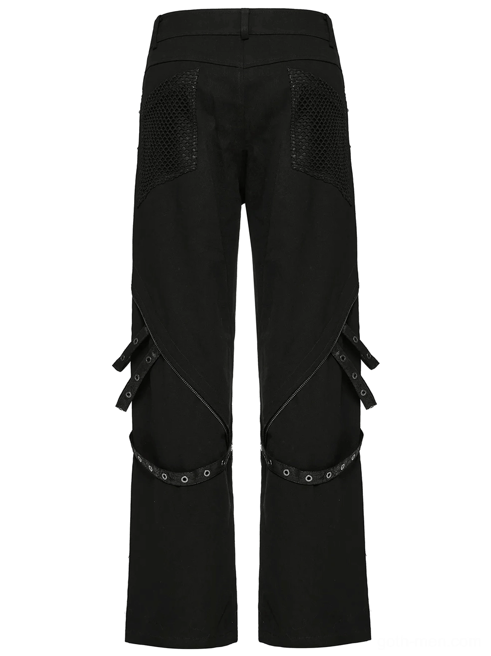 Rear flat lay of black gothic wide-leg trousers with mesh back pockets and lower leg strap hardware