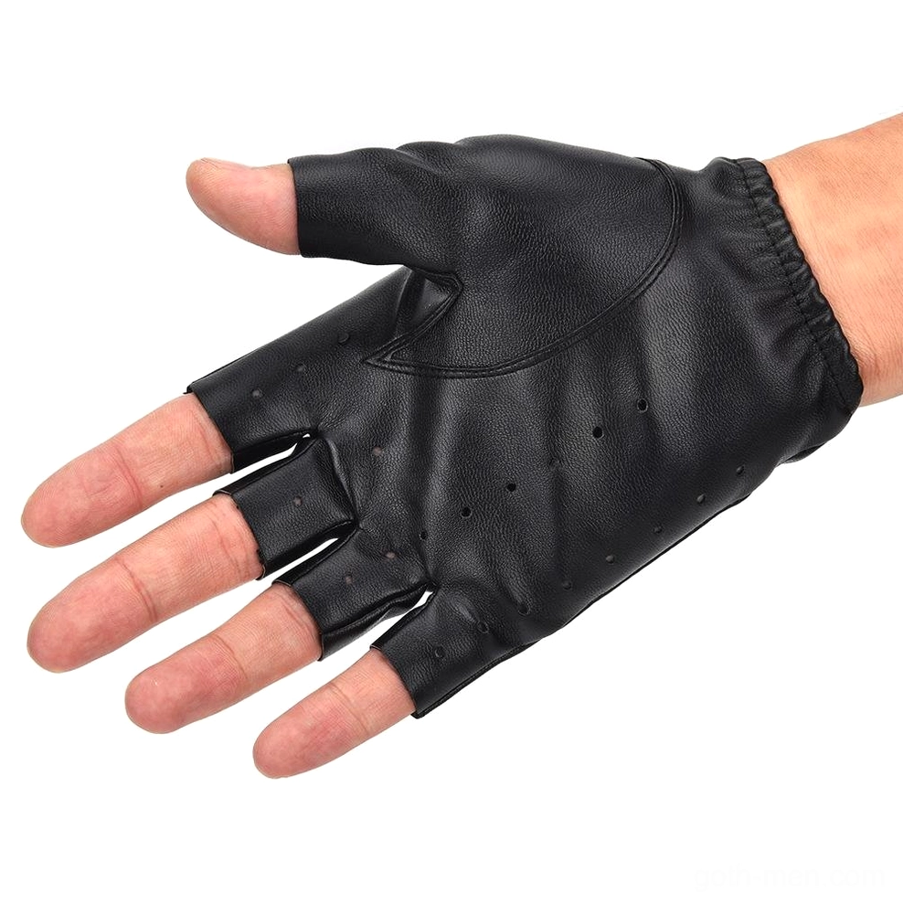Half-finger gothic gloves palm view with perforated holes and elastic wrist