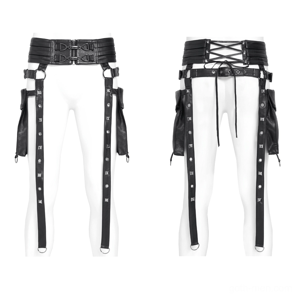 Two style variations of black leather utility harness on white mannequins, double buckle and lace-up closure options, front studio view