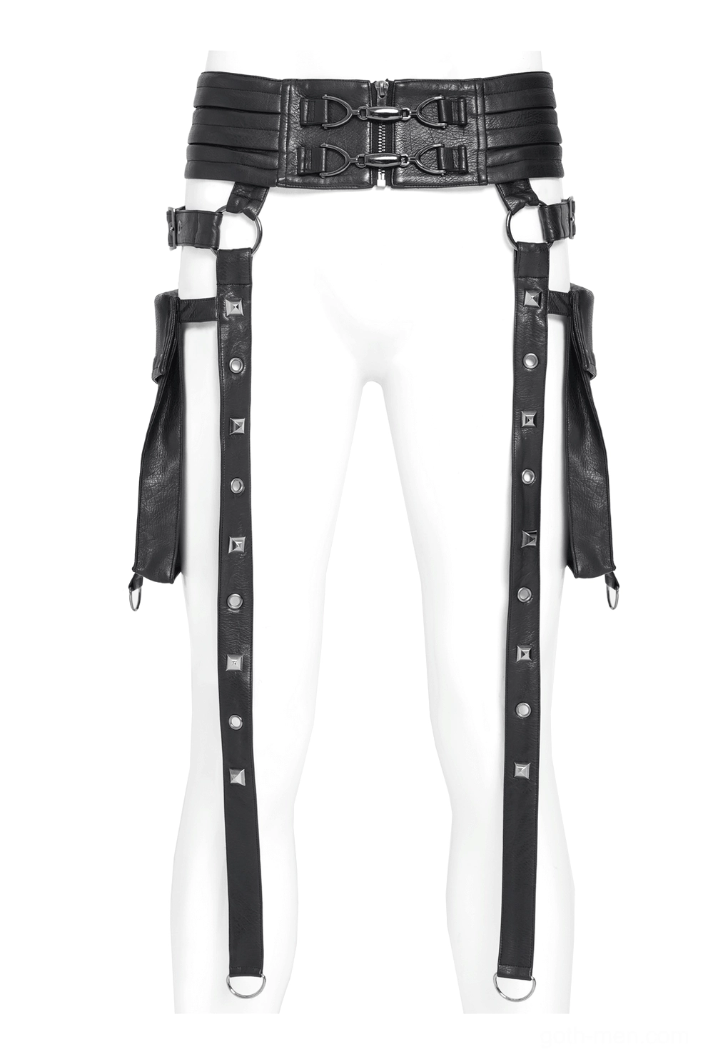 White mannequin wearing black leather harness with double metal buckles and extended adjustable leg straps, front mannequin view