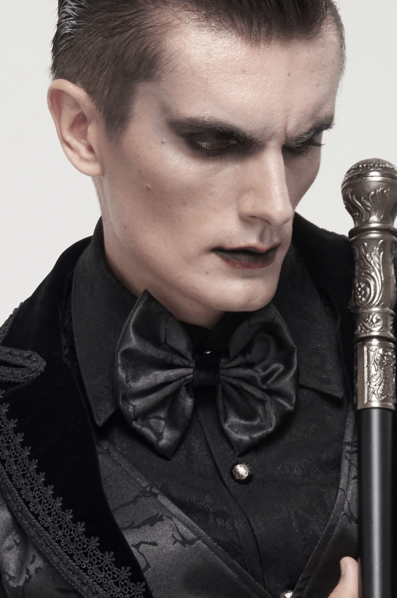 Black jacquard gothic bow tie with lace-up design showing complete front profile and styling details