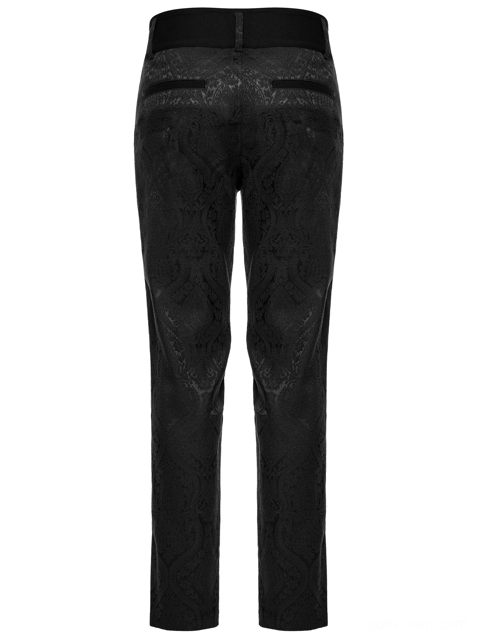 Product display of black jacquard gothic trousers with decorative waist elements