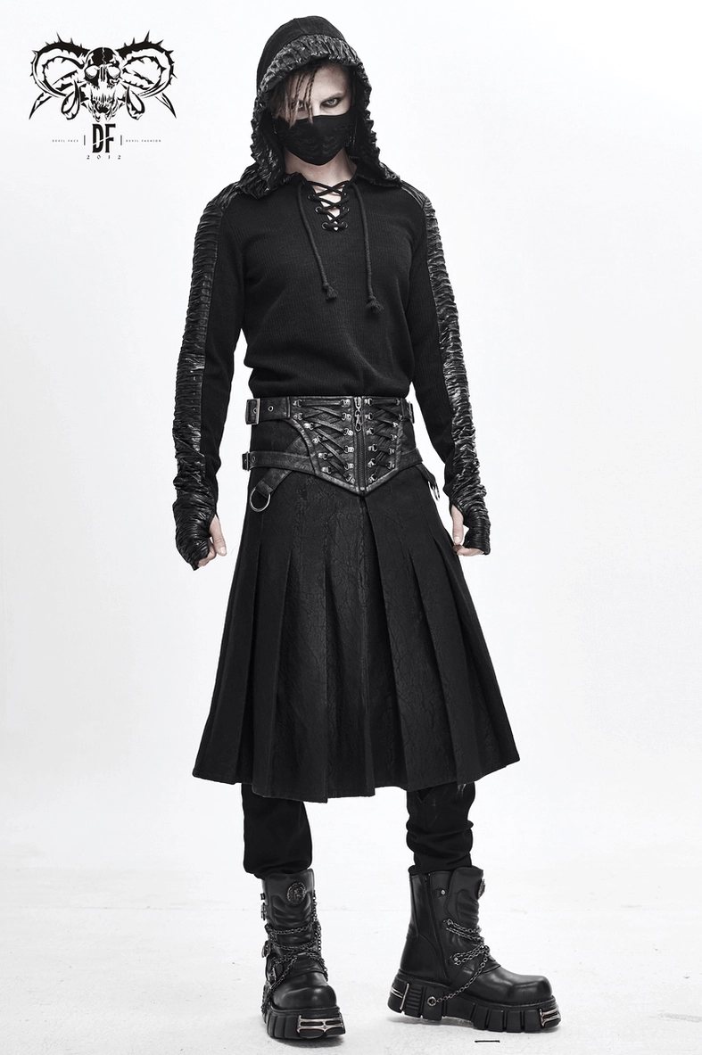 Flat lay top-down view of asymmetric black gothic kilt showing overall silhouette and fit