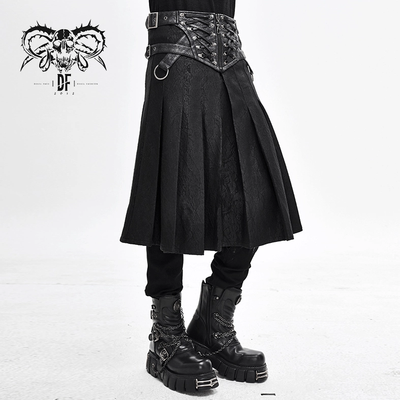 Detail shot of silver metal rivets and PU leather inserts on black dieselpunk gothic kilt
