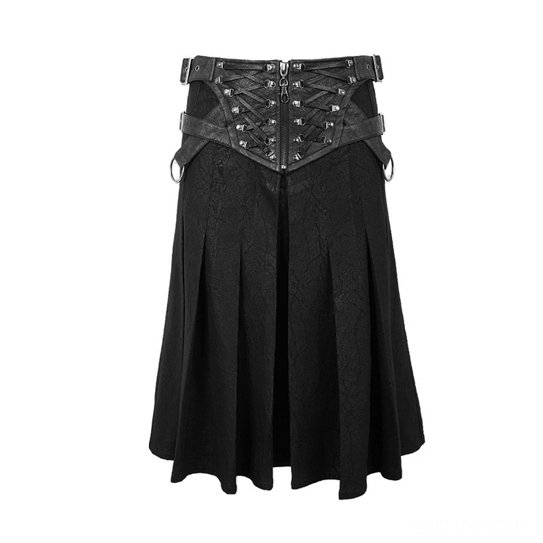 Flat lay of asymmetric black kilt skirt showing zip lace front and metal D-ring straps detail