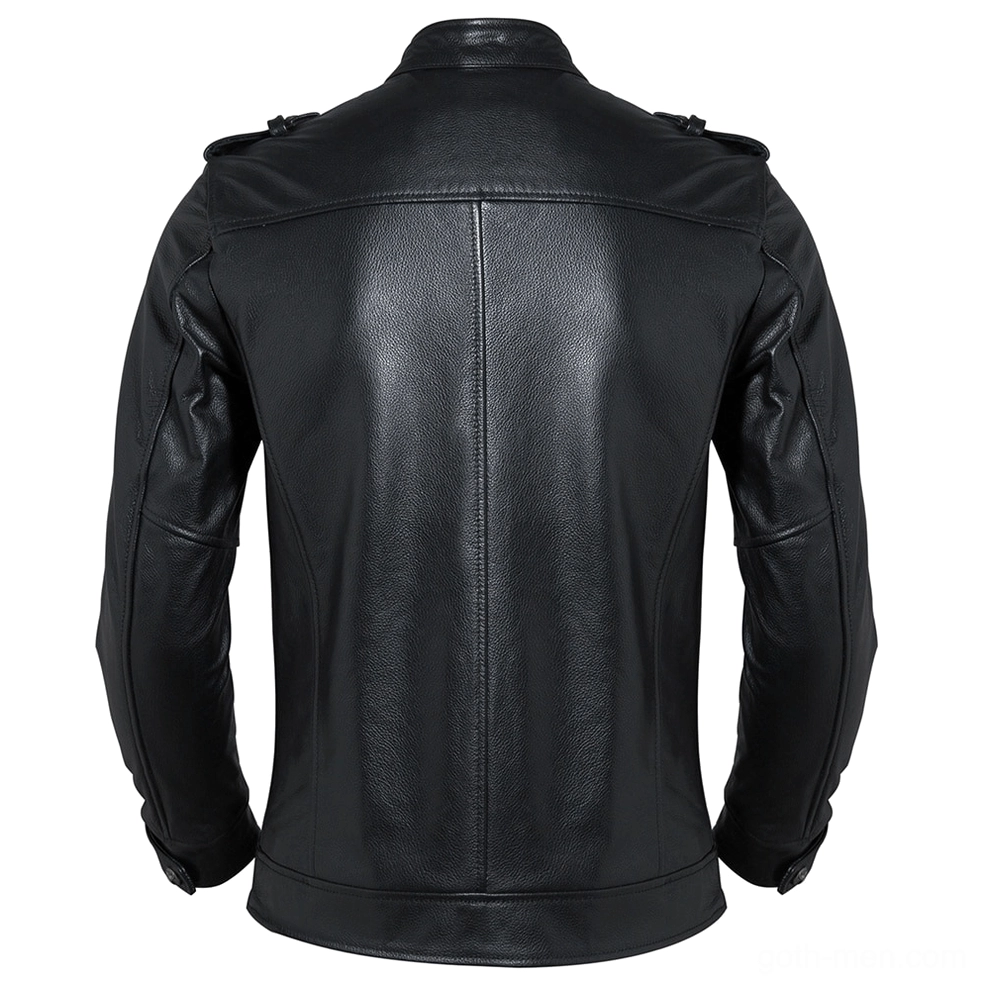 Black leather motorcycle jacket men's back view showing fitted silhouette and shoulder epaulets