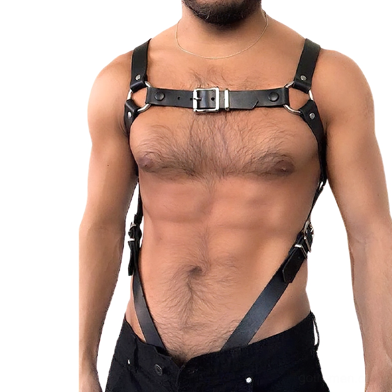 Black leather body harness with metal D-rings front view on shirtless male model showing chest buckles and adjustable straps