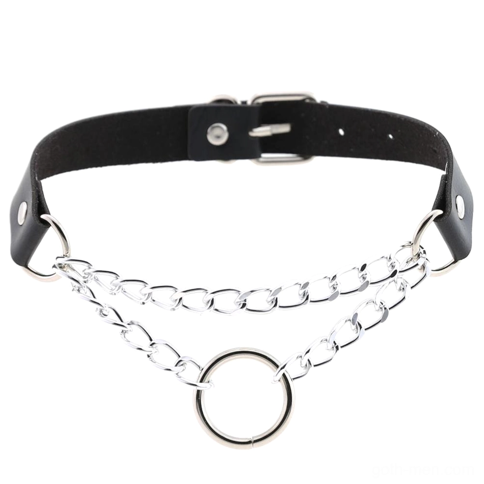 Black PU leather gothic chain choker with silver metal curb chains and central O-ring pendant, adjustable pin buckle, unisex neck jewelry flat lay