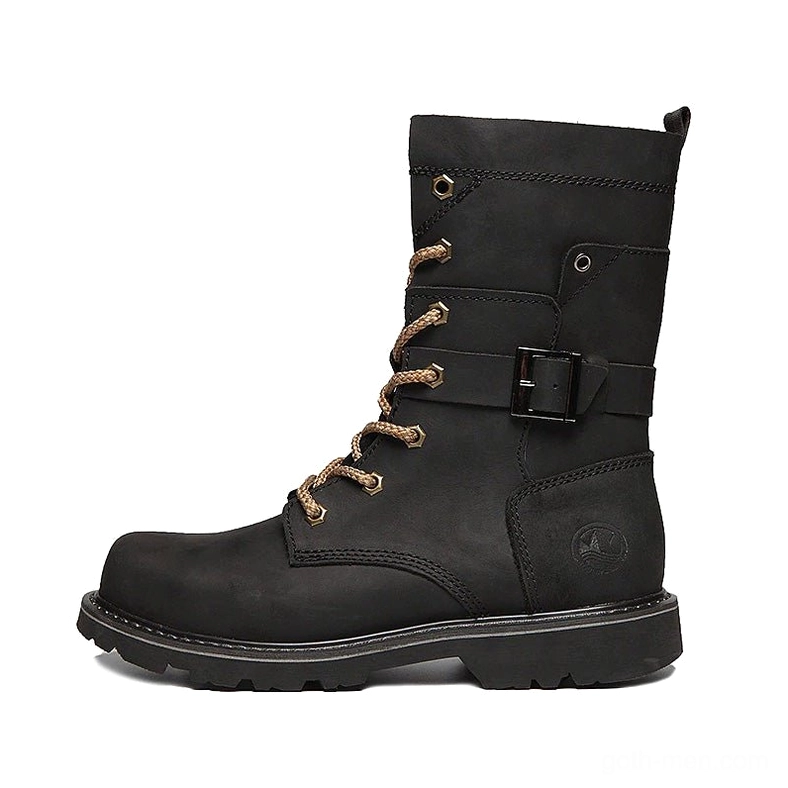 Single black distressed leather combat boot left side-front angle with lace-up closure and brand heel logo