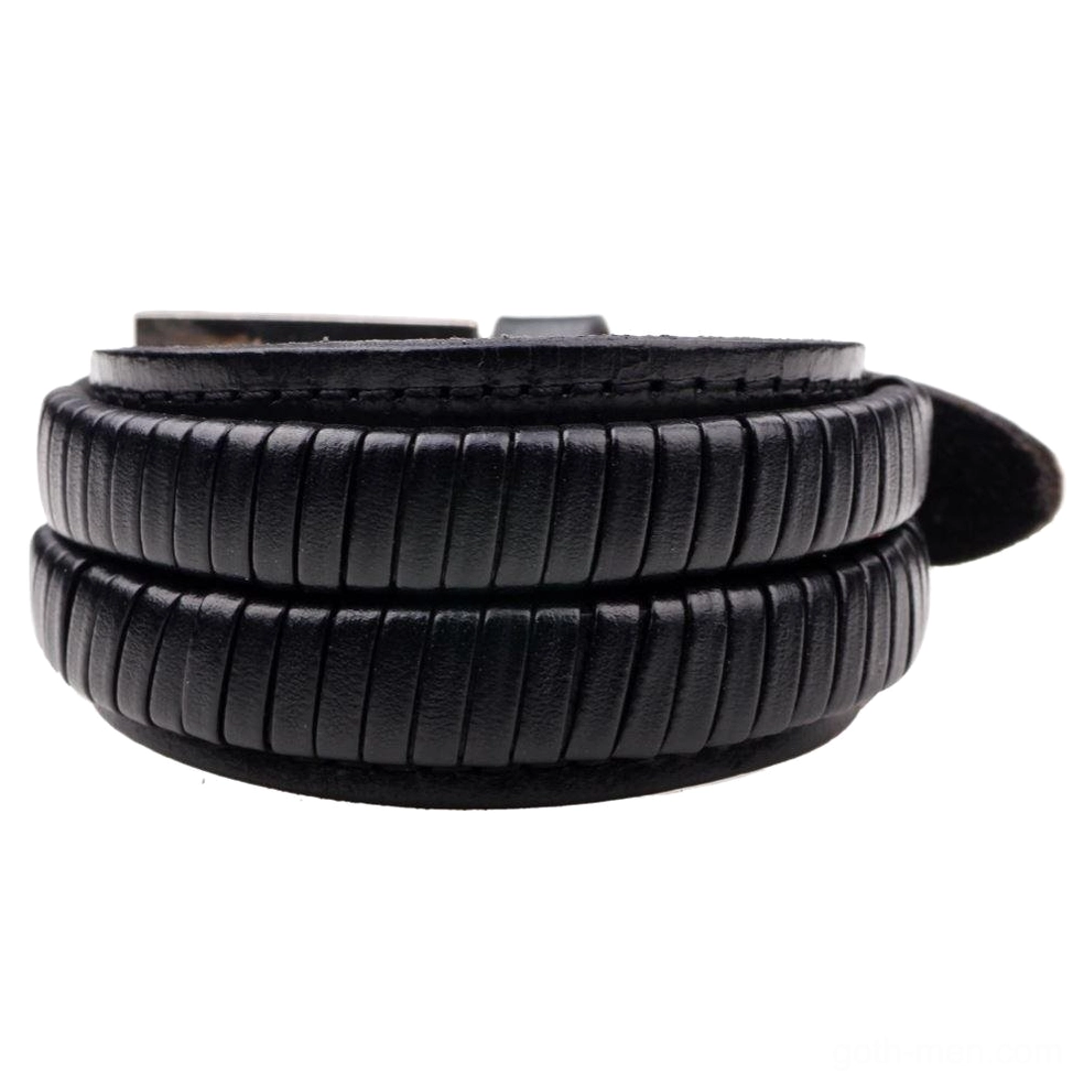 Black leather cuff bracelet for men with botanical embossing, double-layered structure, metal pin buckle, front top view