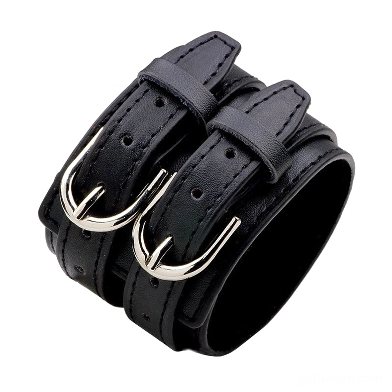 Black genuine leather gothic double-strap bracelet with silver metal toggle clasp, displaying smooth leather exterior and structured design from oblique angle