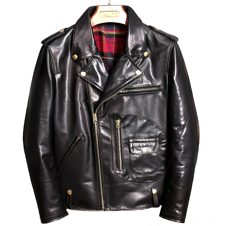 Black leather men's biker jacket with tartan plaid lining and asymmetrical zip closure, front flat lay