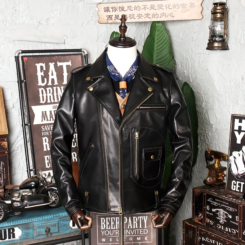 Black genuine leather gothic moto jacket on dress form with neck scarf styling, retro aesthetic