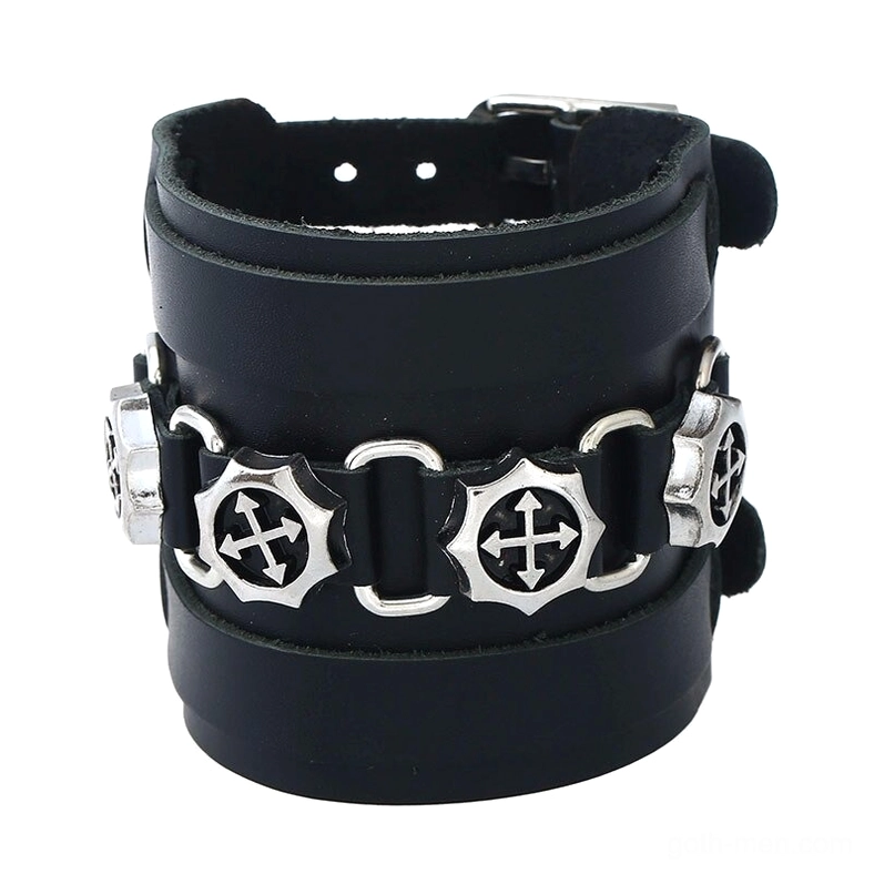 Black wide leather gothic punk bracelet with geometric cross design, alternative fashion jewelry detail shot