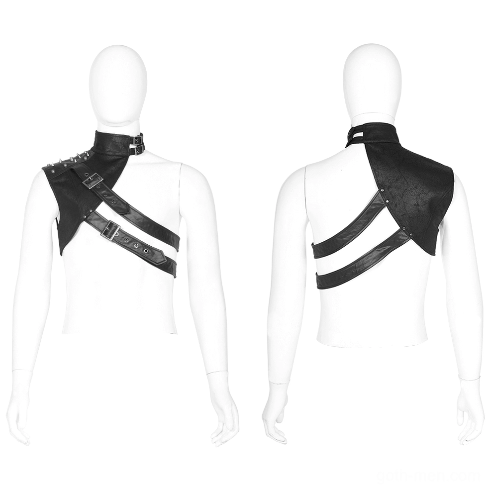 Men's gothic leather shoulder harness with adjustable metal buckles - front mannequin view showing fitted silhouette
