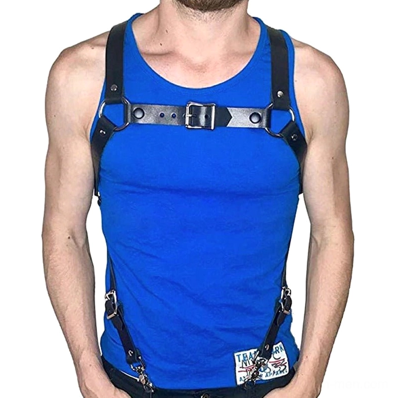 Black leather body harness worn over blue tank top front view demonstrating layering versatility