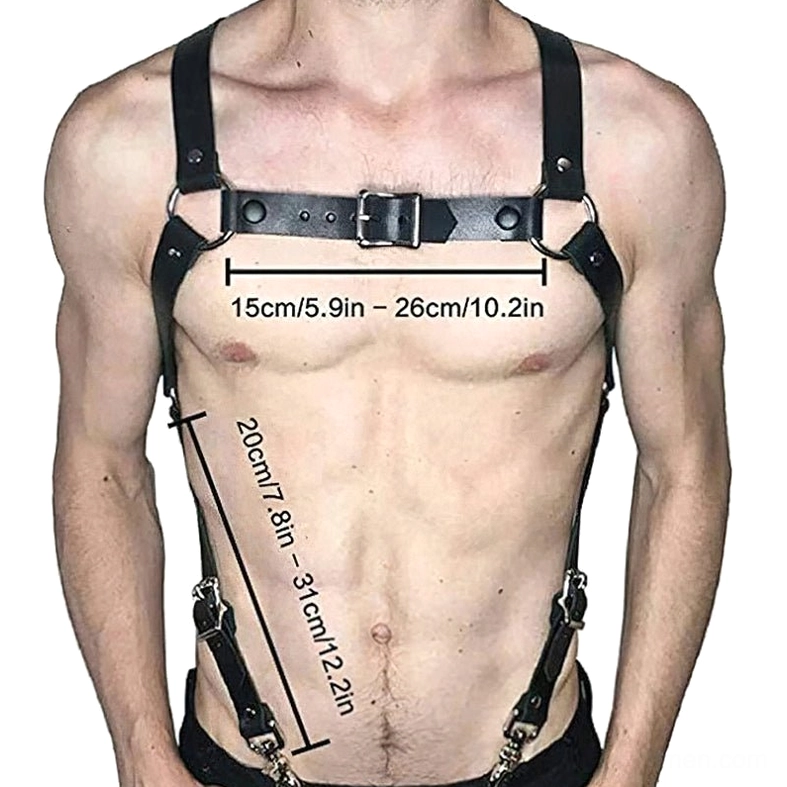 Black leather body harness front view with measurement marks showing metal clips and adjustable buckles detail