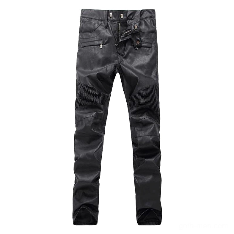 Black faux leather moto trousers flat lay front display showing zippered pockets and knee ripped panels