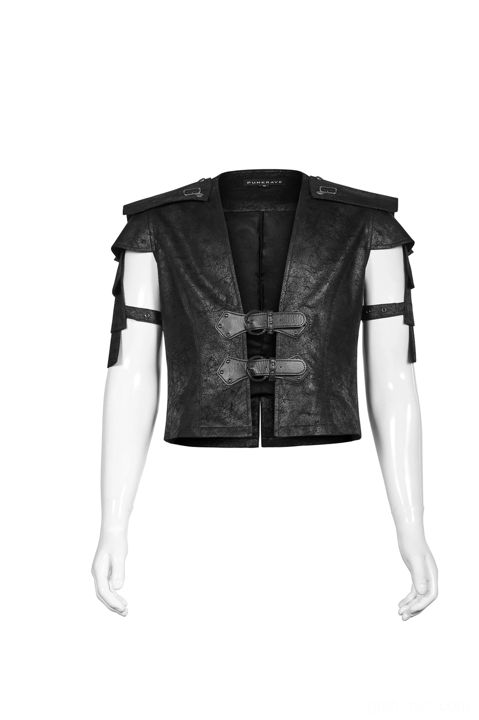Black leather vest on mannequin front view with cropped fit and shoulder pad design