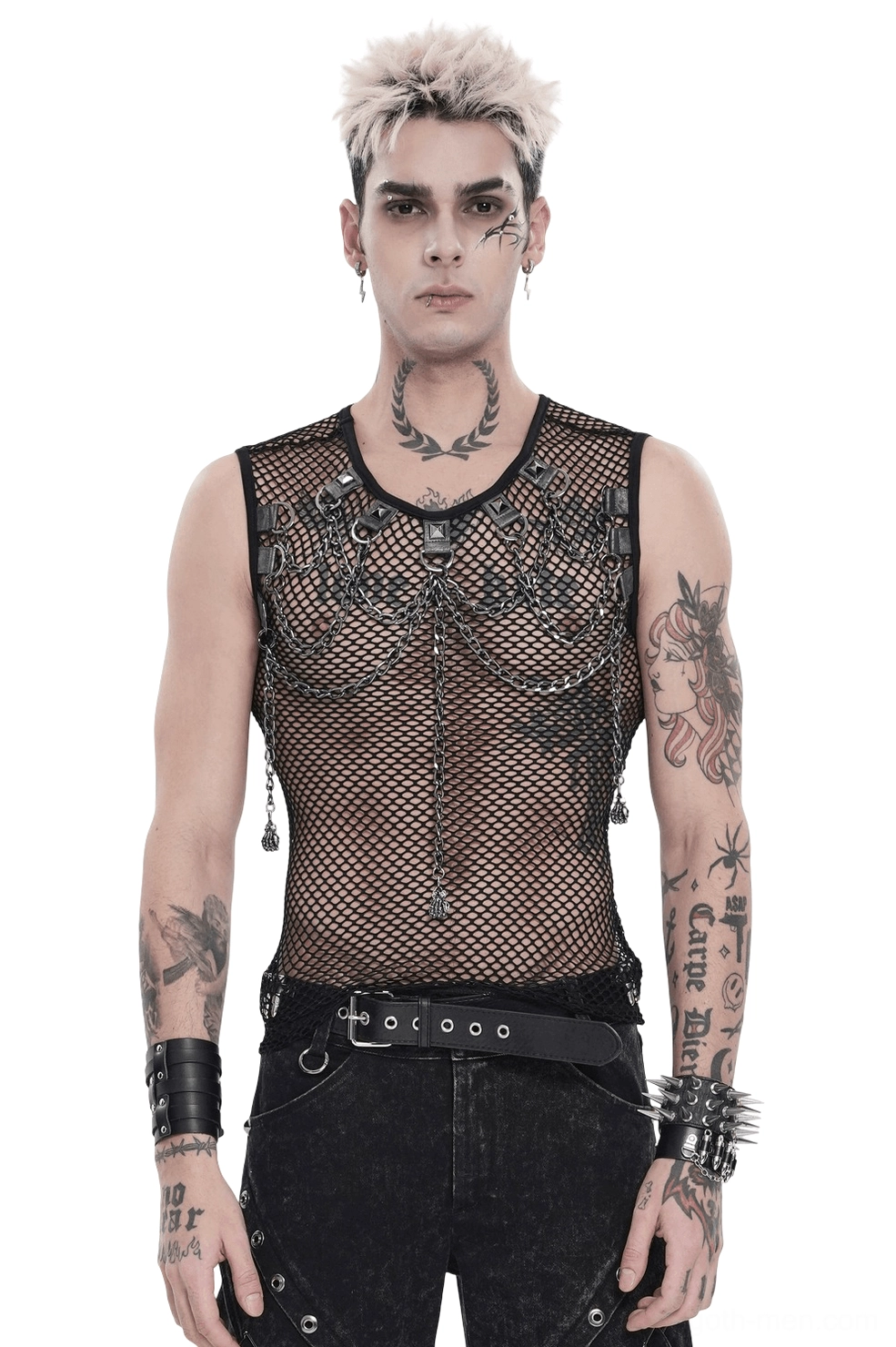 Black mesh gothic tank top with metal chain harness and studded straps, front full-body view on male model