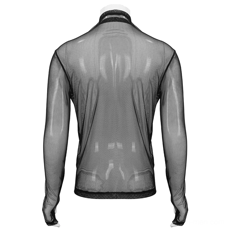 Black mesh gothic top rear view on mannequin with bound edge hem finishing and fitted design