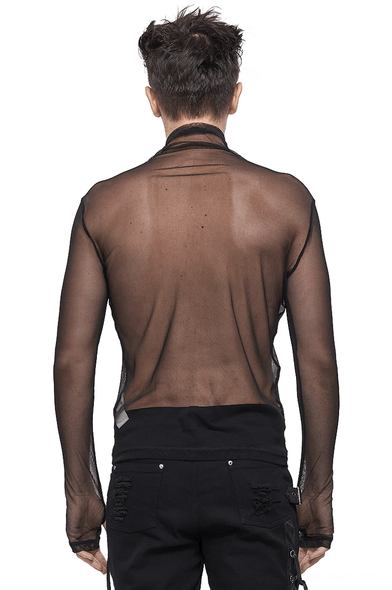 Black sheer mesh goth top back view showing fitted silhouette and bound hem trim on male model