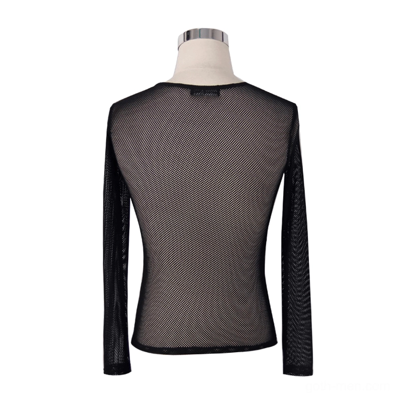 Black mesh long-sleeve gothic top back view on mannequin, sheer see-through design