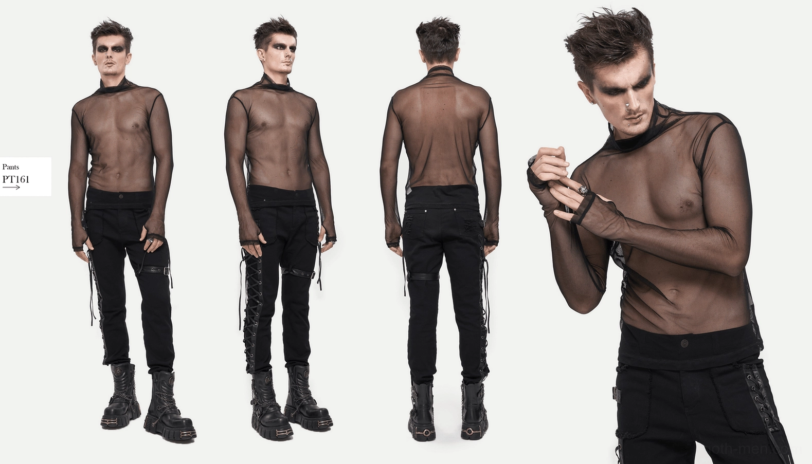 Black mesh gothic top detail shot highlighting fine polyamide construction and goth aesthetic elements