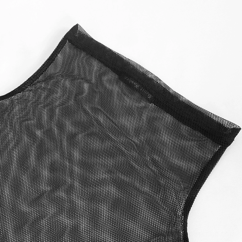 Close-up detail of fine netted mesh fabric texture with bound edge on black gothic top