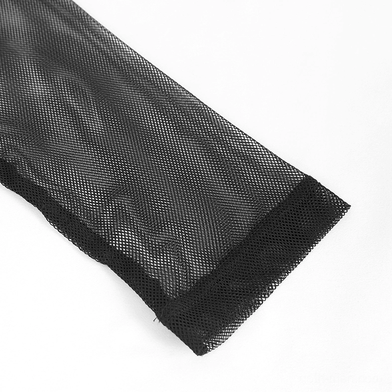 Fingerless sleeve detail of black mesh gothic top showing open cuff design for wrist accessories