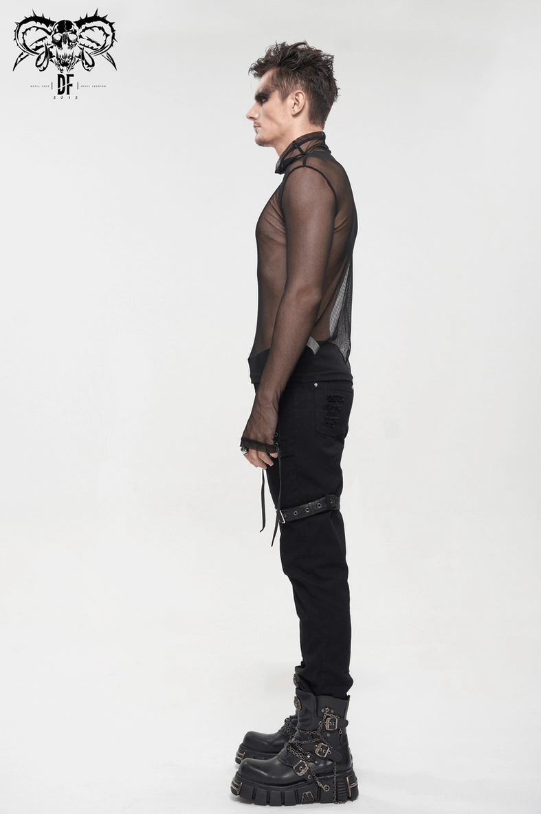 Black sheer mesh gothic long sleeve top full length display demonstrating fitted silhouette and coverage