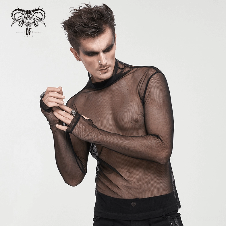 Black mesh gothic long sleeve top on male model with goth makeup and styling in 3/4 side angle