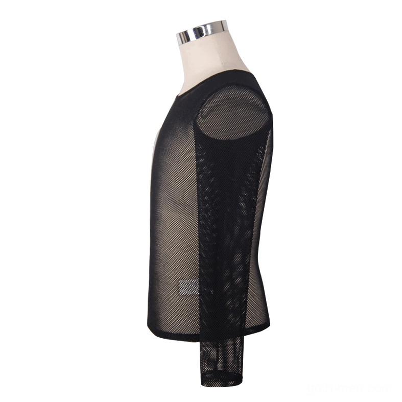 Black mesh long-sleeve gothic top side rear view on mannequin, fitted mesh construction