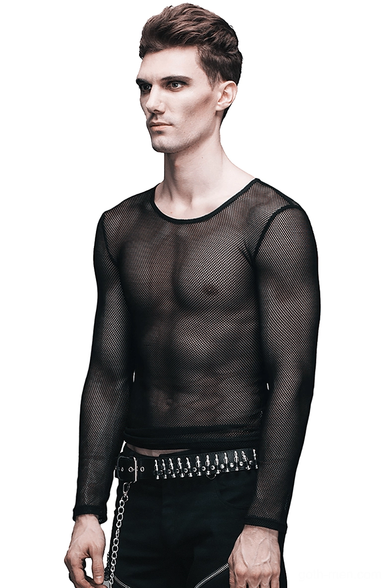 Black sheer mesh long-sleeve gothic top side profile, fitted silhouette with transparent fabric