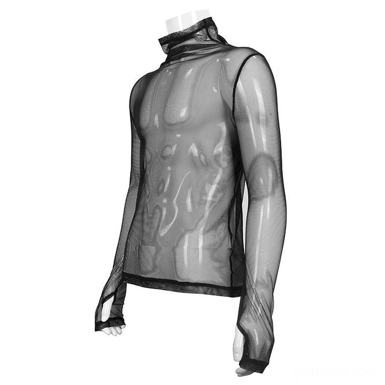 Black sheer mesh gothic top side front angle on mannequin displaying slim fit cut and high neckline