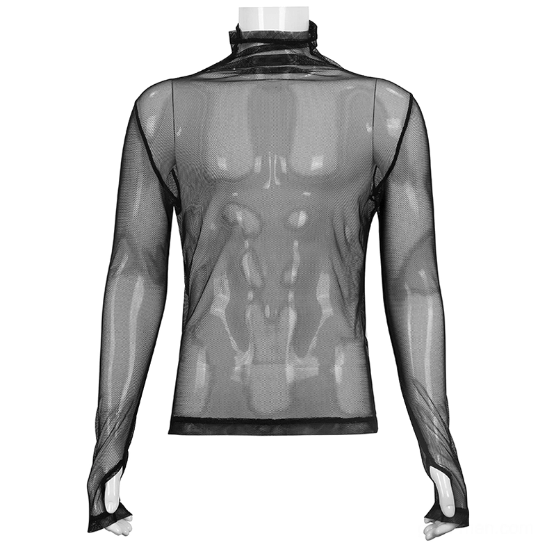 Black mesh gothic long sleeve top on display mannequin showing skeleton print design beneath sheer netting