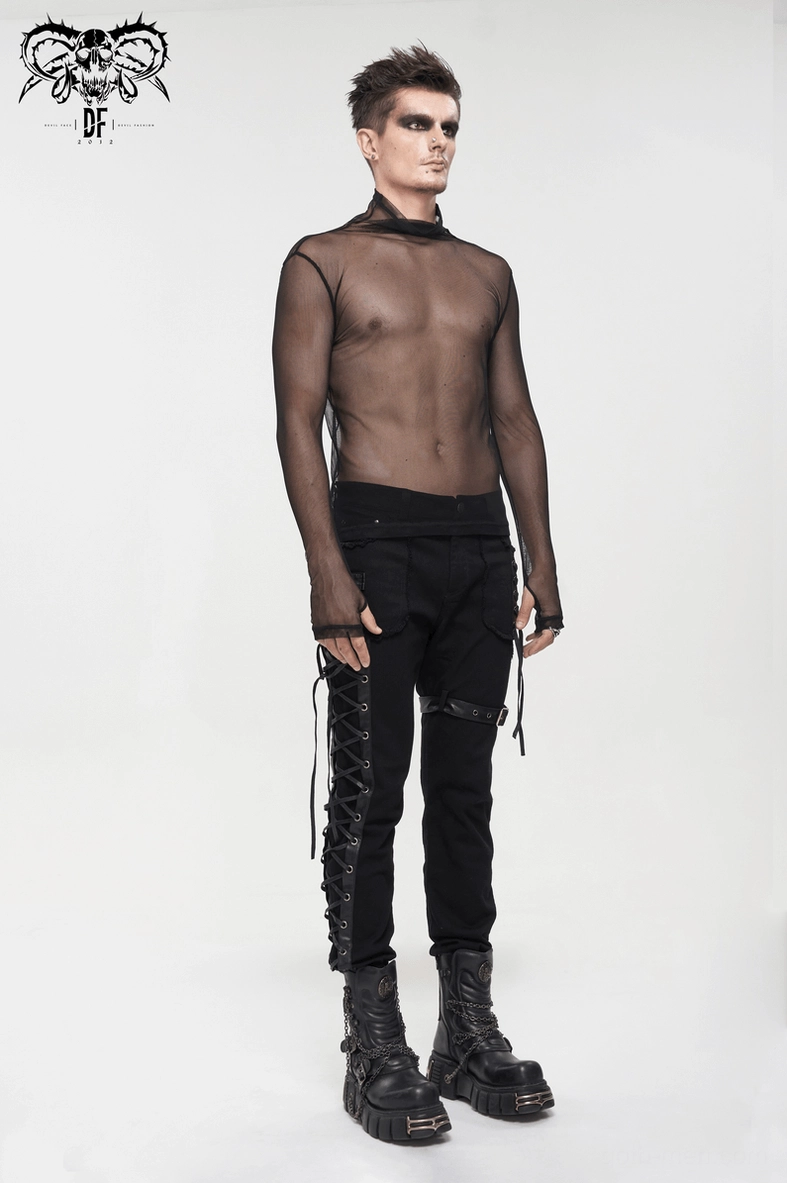 Black mesh gothic top showing transparent netting construction and design details from different perspective