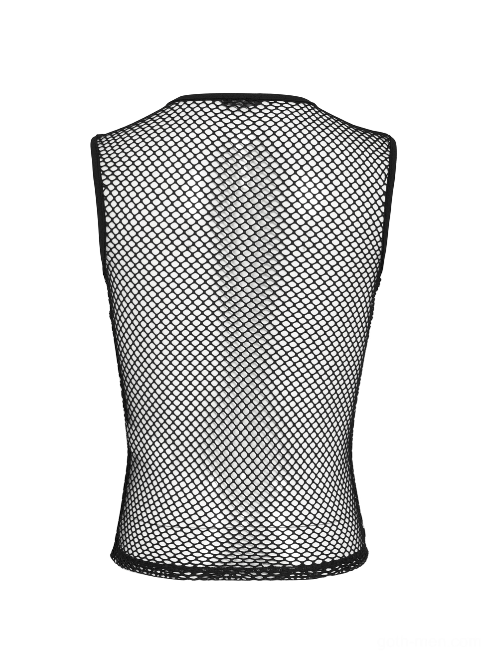 Black transparent mesh sleeveless tank top on mannequin, front static display showing full garment