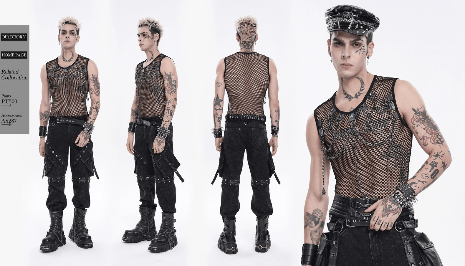 Close-up of black mesh tank top fabric texture and metal chain hardware configuration