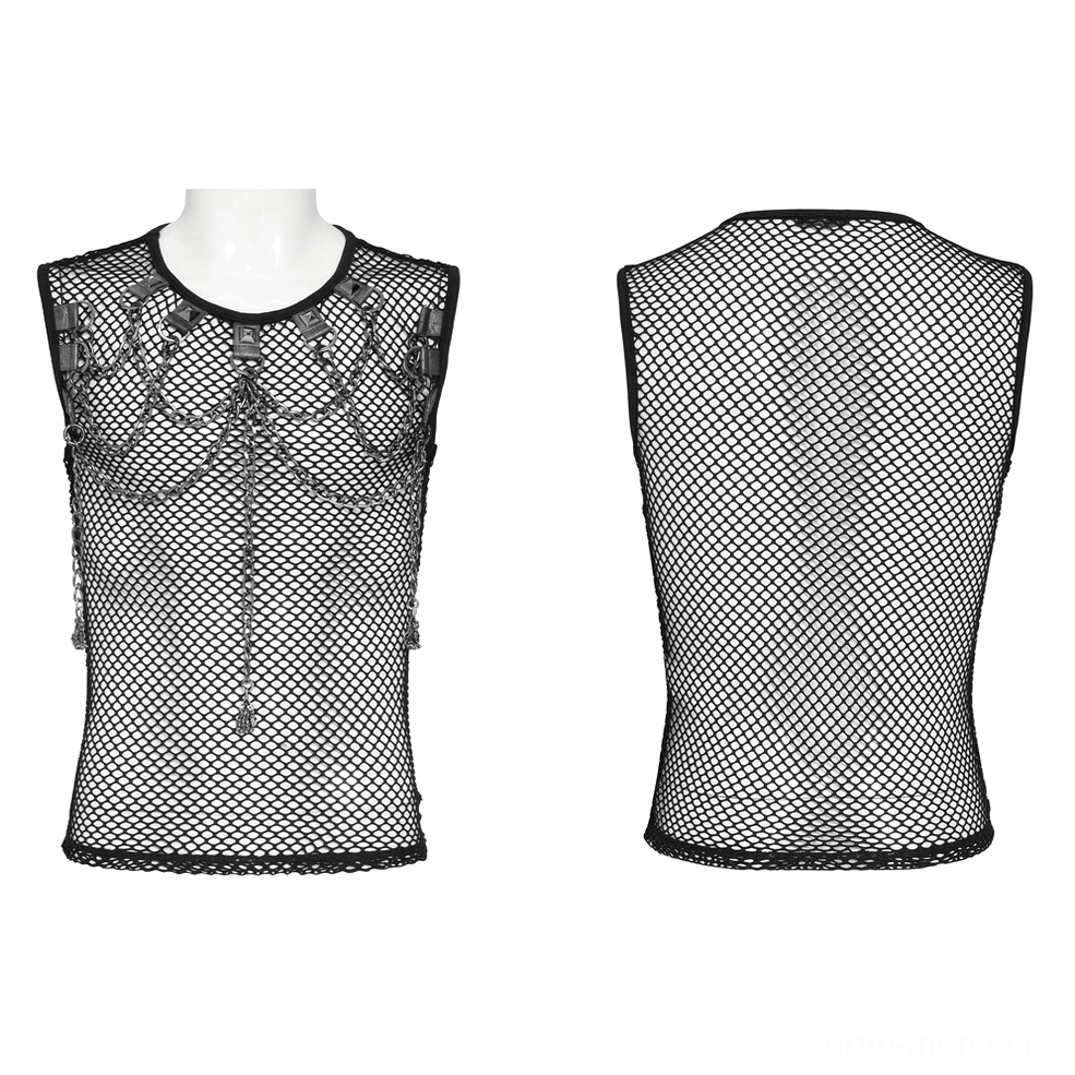 Black mesh sleeveless tank top front and back mannequin display with metal chain harness design