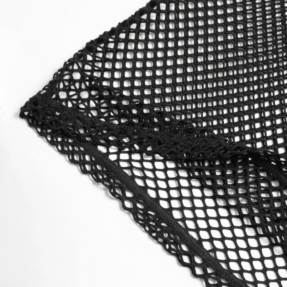 Black transparent mesh tank top mannequin back display showing sleeveless construction and chain design