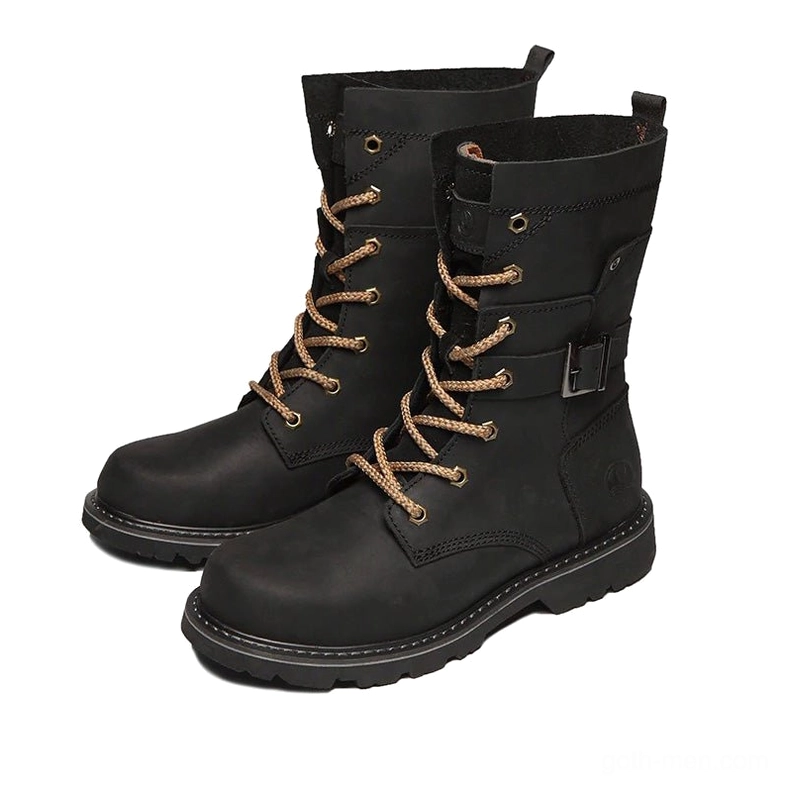 Pair of black leather motorcycle ankle boots front-side view with lace-up laces and industrial buckle straps