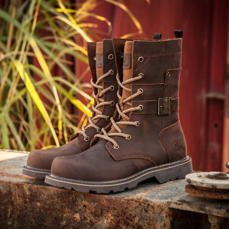 Black leather motorcycle combat boot single full view front angle, square toe and lace-up design