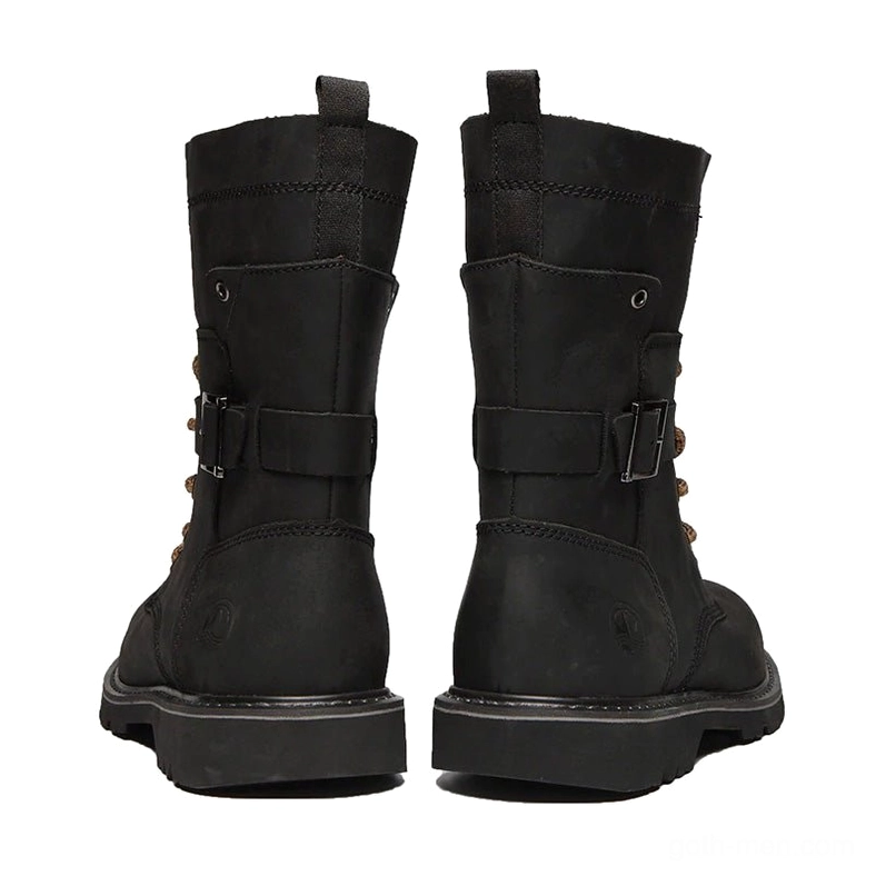 Pair of black matte leather motorcycle combat boots rear view with buckle strap closure and heel pull tab