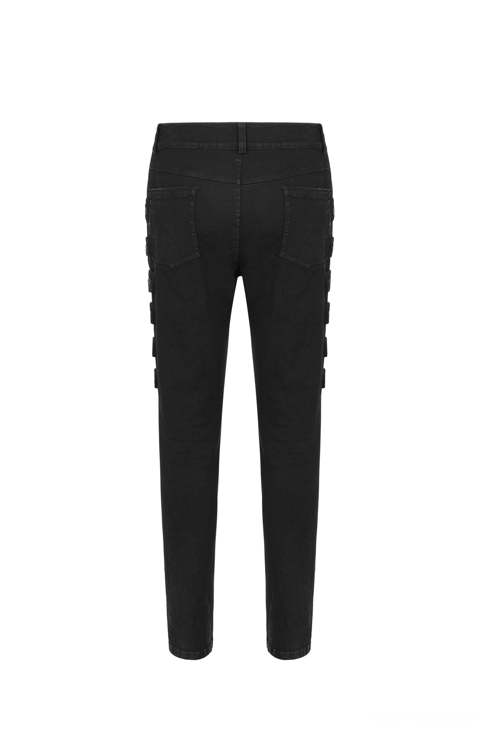 Rear flat lay of gothic cargo pants highlighting back denim pockets and side strap architecture