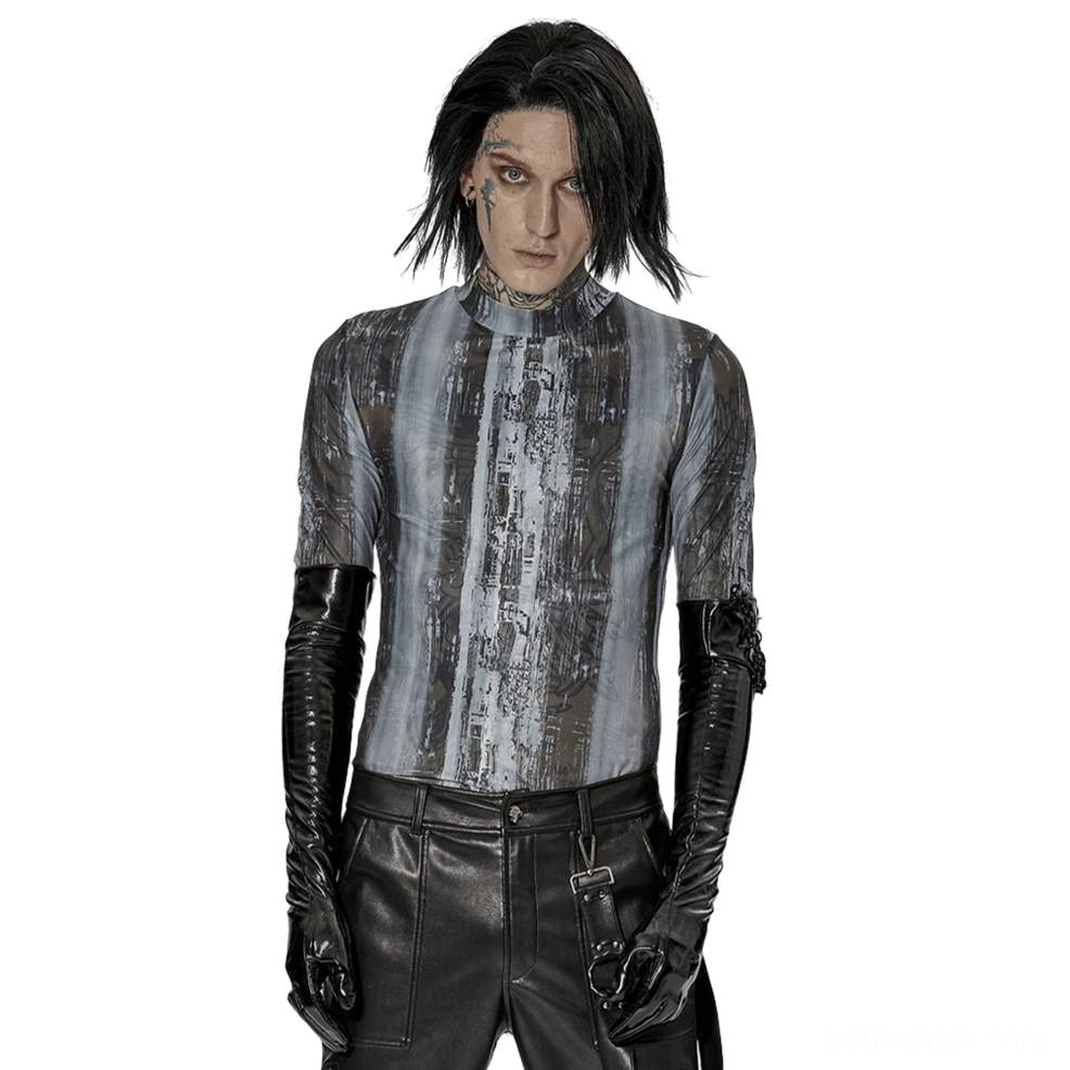 Black patent leather long gloves with metal wrist chains on male goth model, front view demonstrating slim-fit and high-gloss finish