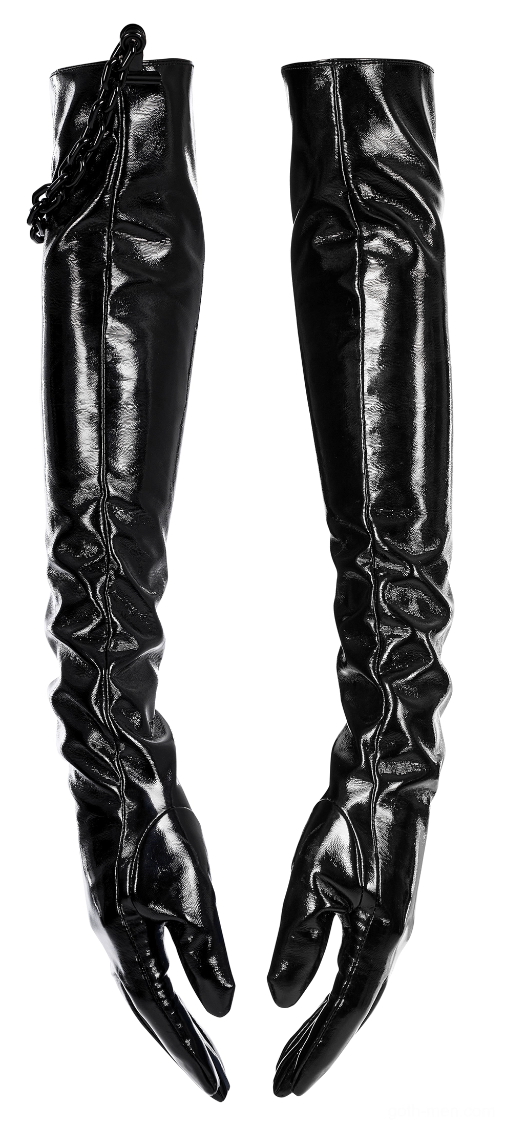Black patent leather long gloves flat lay front view with ruched forearm design, showing shiny material and structured silhouette