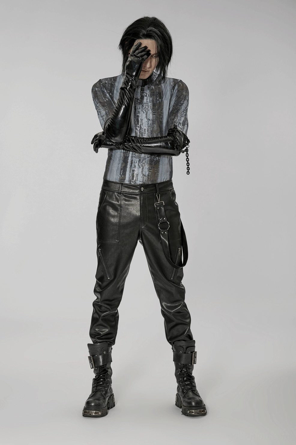 Black patent leather gothic statement gloves with detachable wrist chain, main product view showcasing overall design and chain attachment